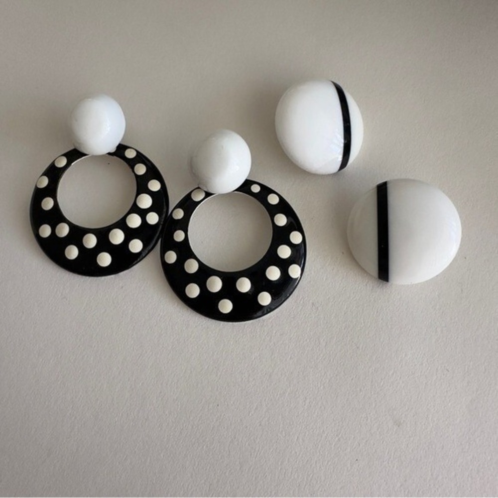 Vintage Black & White Polka Dot Earrings 80s 1980s 2 Pairs Mod Chic 80's Stud